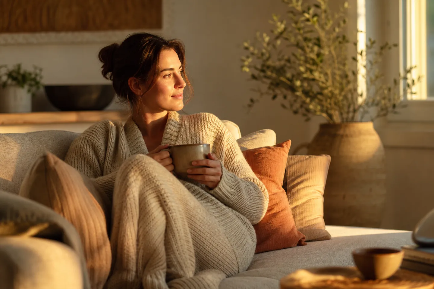A woman resting with a cup of tea in warm golden-hour light by a window